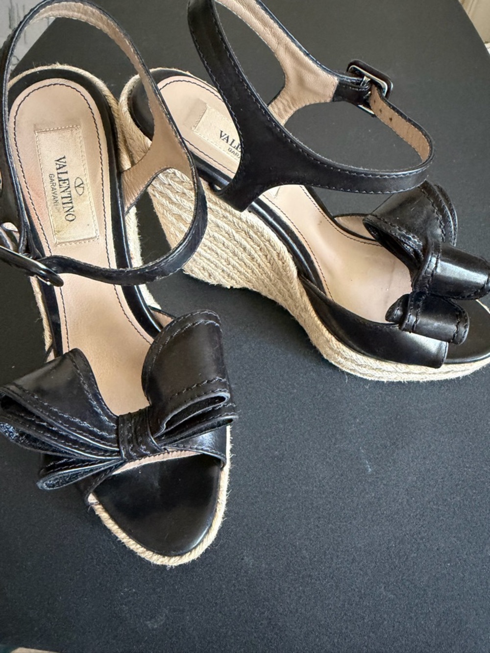 Valentino Garavani Black Leather Bow Espadrille Wedge Sandals Ankle Strap Sz 35 - Picture 2 of 12